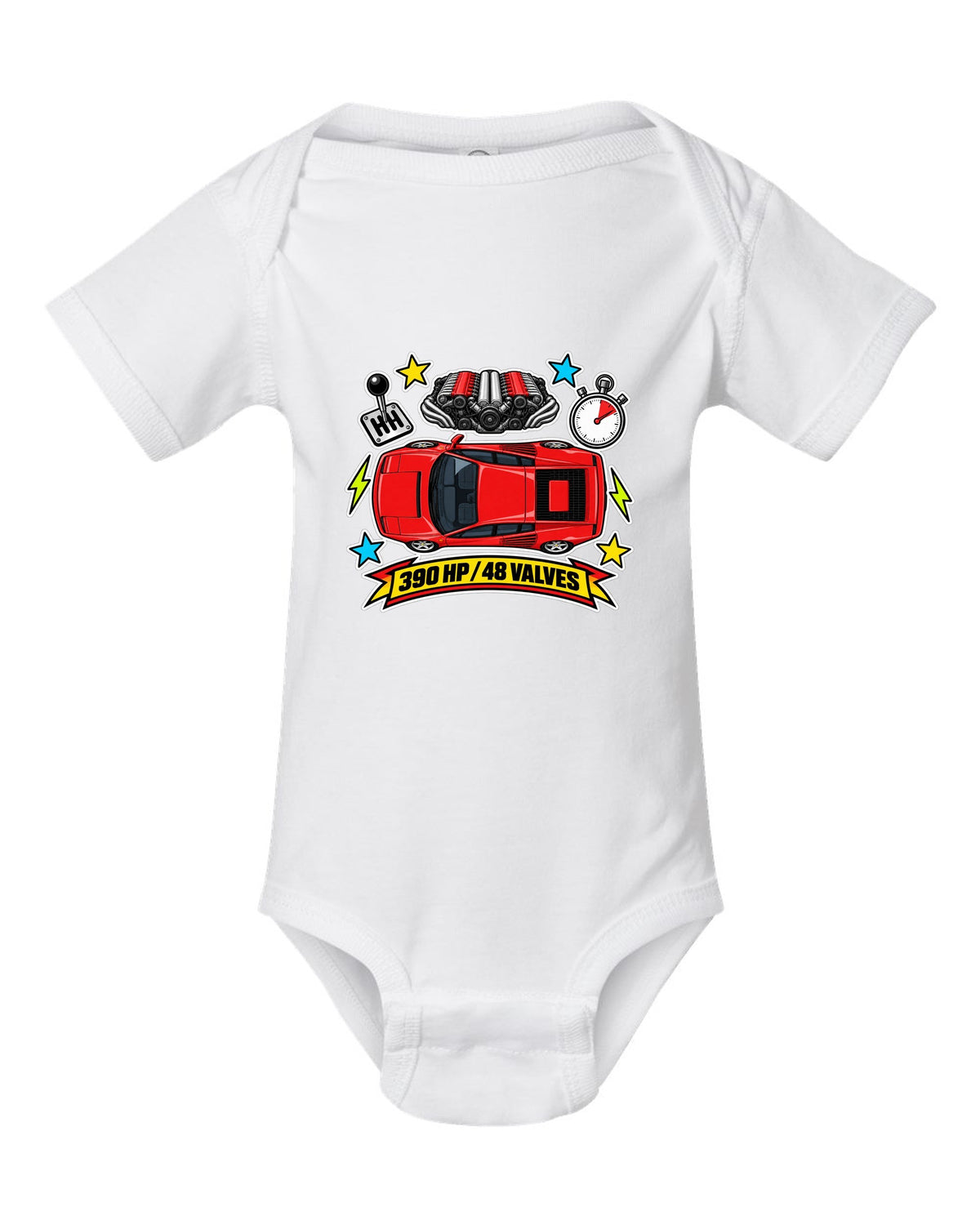 Sticker-bomb collage of the Ferrari Testarossa with 390 HP and 48 valves text white baby onesie front view with the design