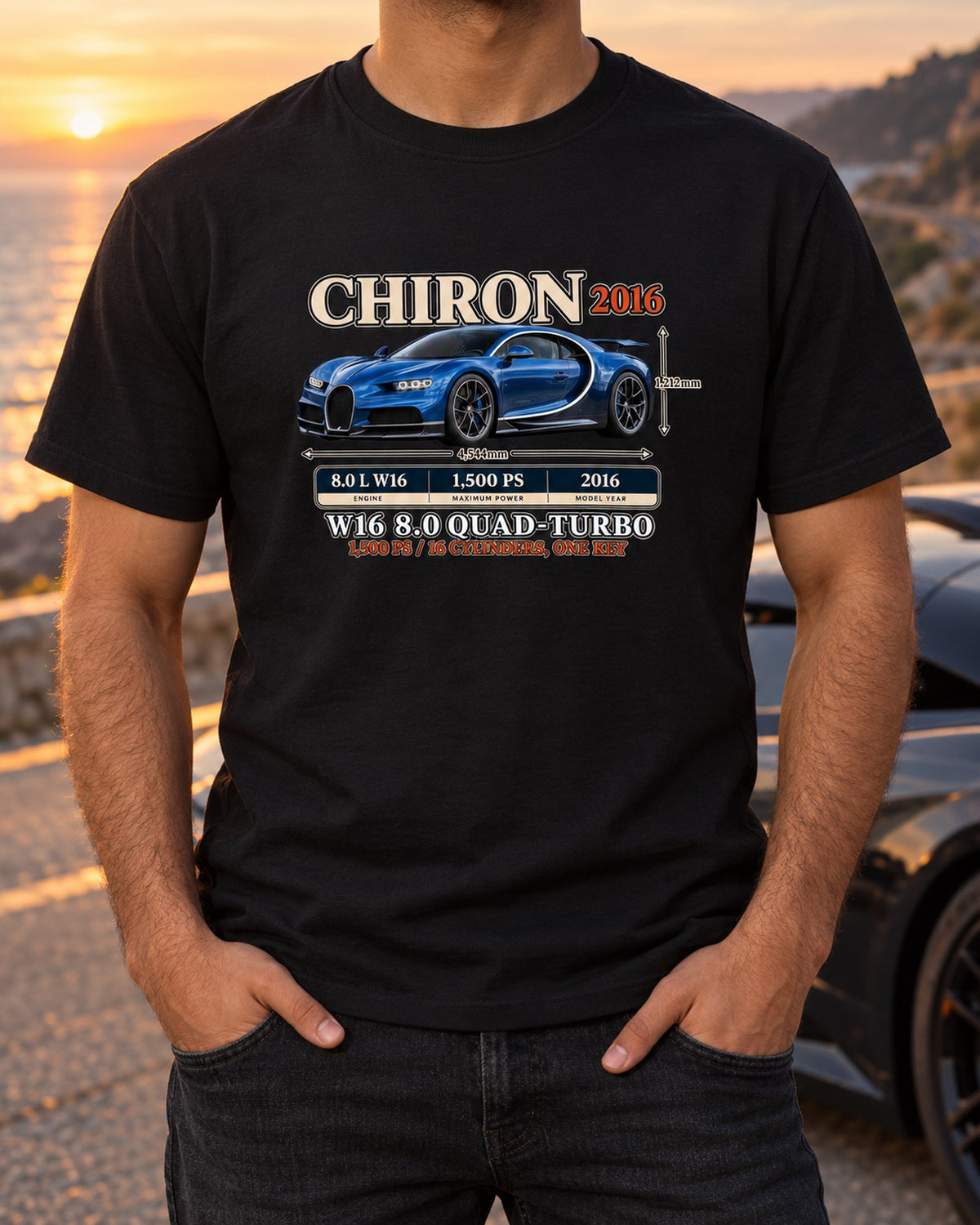 Bugatti Chiron Archive Panel Shirt, W16 Quad-Turbo Car Tee T-Shirt Black worn hero