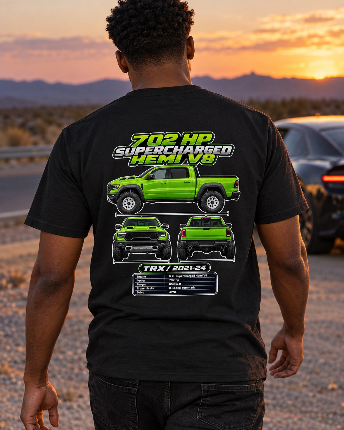RAM 1500 Trx Spec Sheet Full-Back Graphic Tee T-Shirt Black worn hero