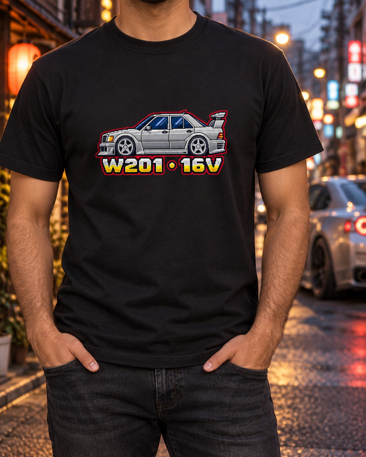 Mercedes 190E Evo II W201 16-Bit Pixel Art Tee, Car Shirt T-Shirt Black worn hero
