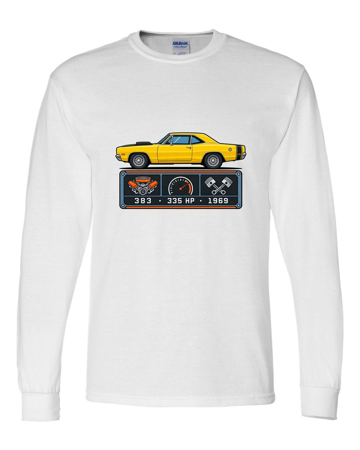 Spec-sheet data plate design for a 1969 Dodge Coronet Super Bee with 383 and 335 HP white long sleeve front view with the design