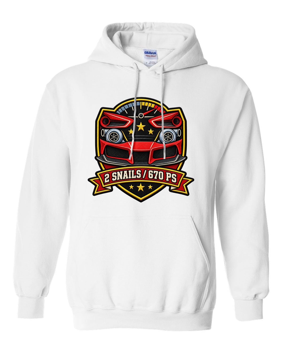 Shield layout for the Ferrari 488 GTB with 2 snails and 670 PS text white pull over hoodie front view with the design