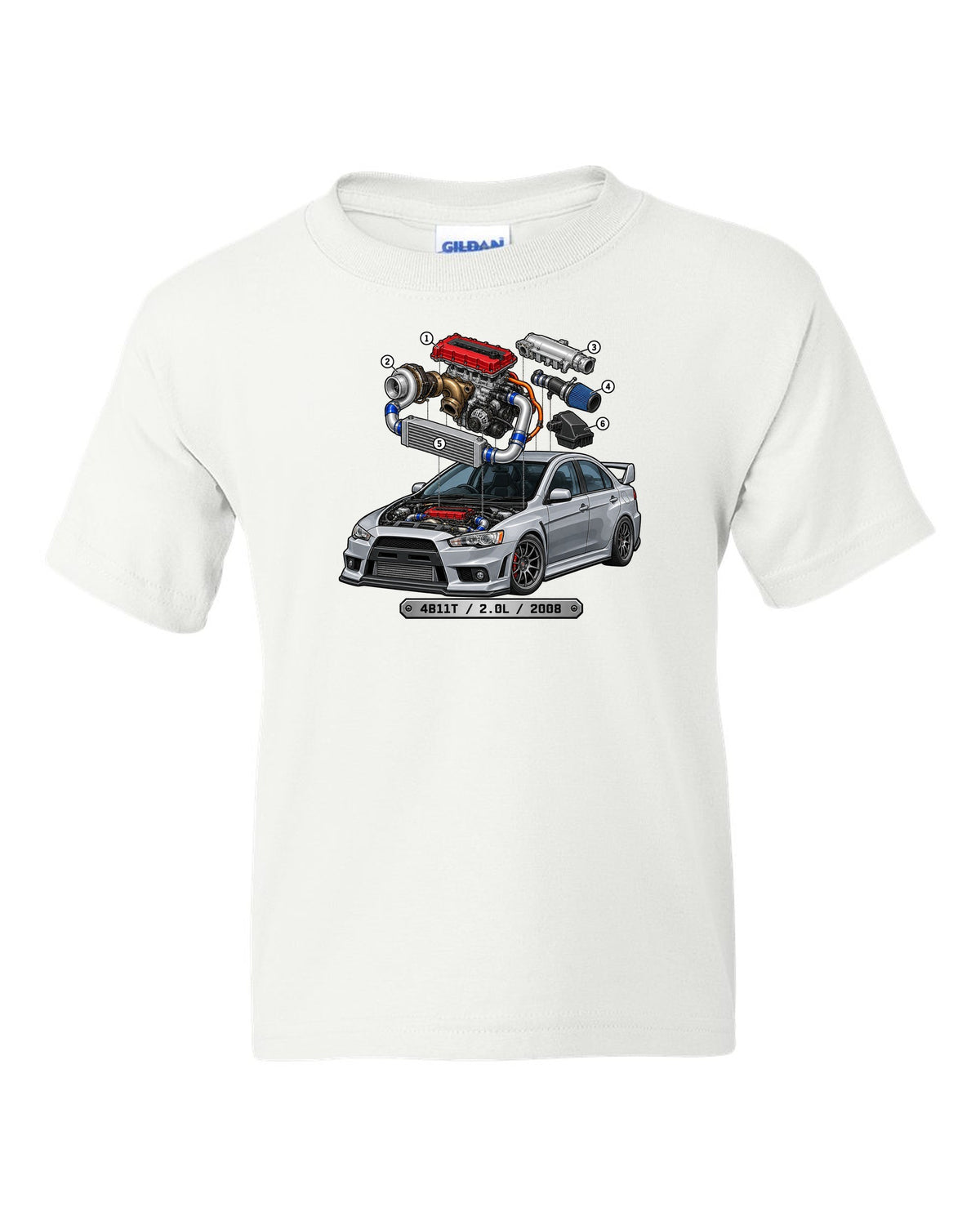 Exploded engine cutaway print for the Mitsubishi Evo X CZ4A with 4B11T 2.0L 2008 text white kids tee front view with the design