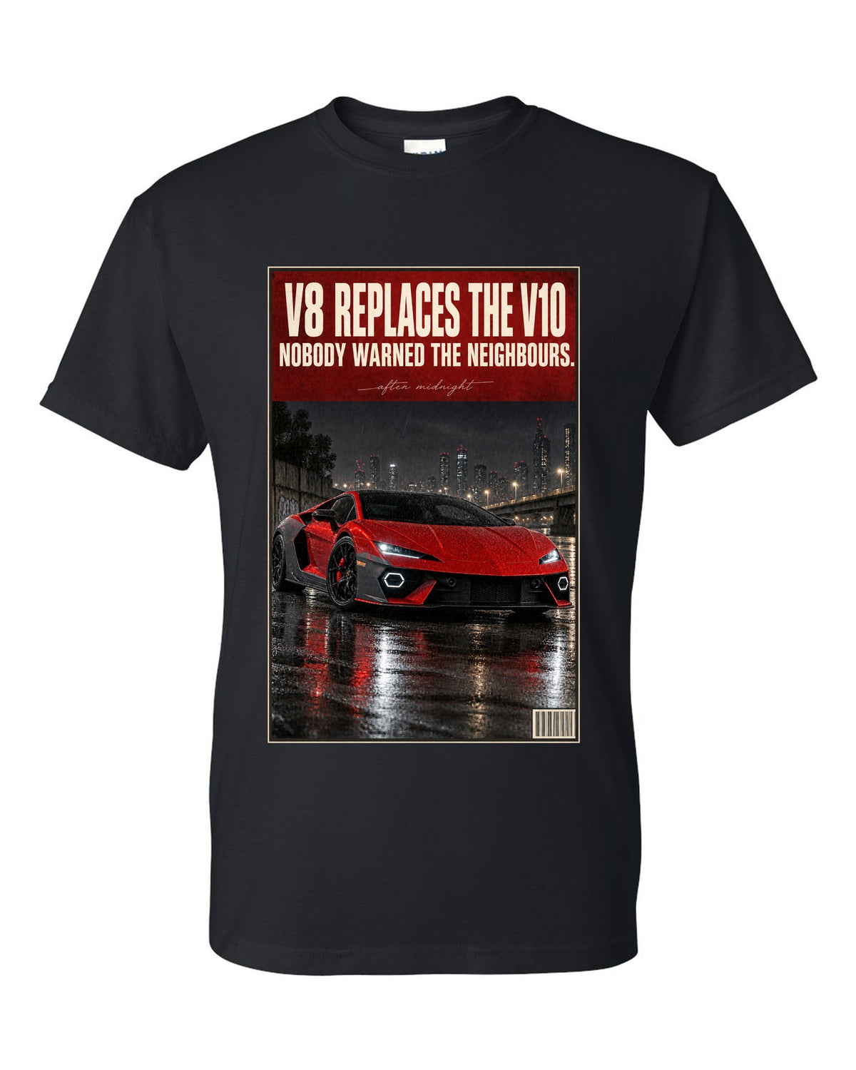 Night street print of the Lamborghini Temerario black t-shirt front view with the design