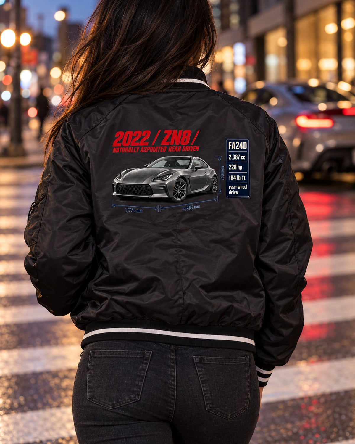 Toyota GR86 ZN8 Spec Poster Shirt, Rear-Drive NA Car Tee Bomber Jacket Black worn hero