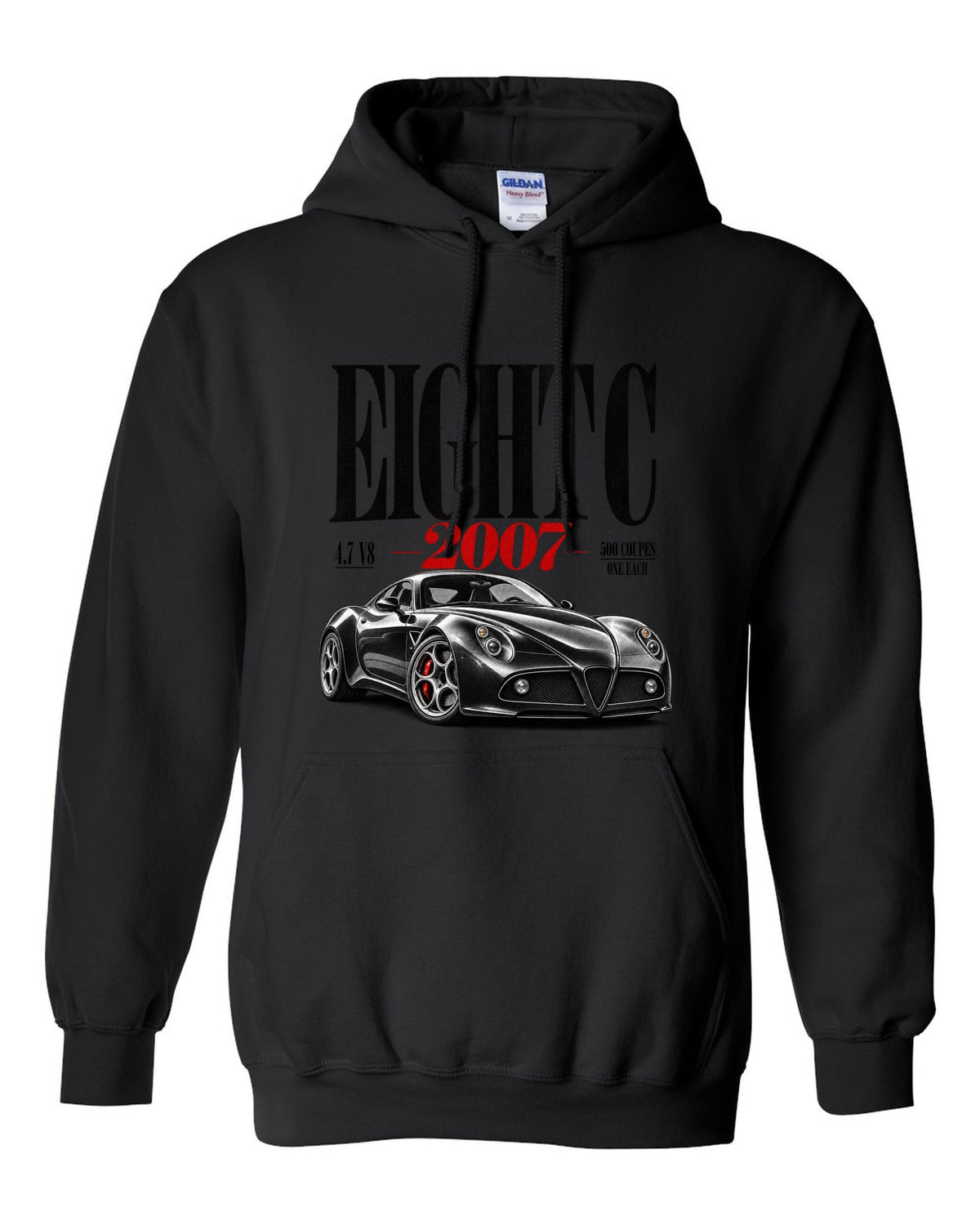 Editorial headline print for the Alfa Romeo 8C Competizione with 4.7 V8 text black pull over hoodie front view with the design