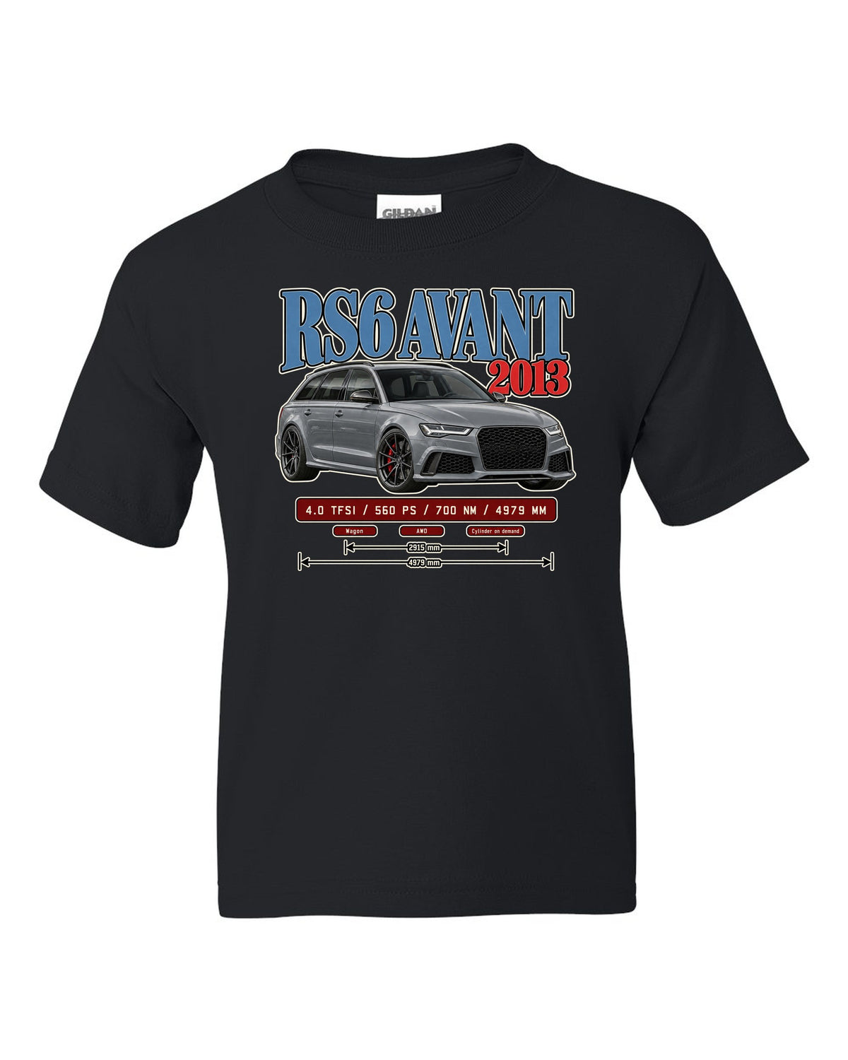 Audi RS6 Avant C7 2013 archive panel print black kids tee front view with the design