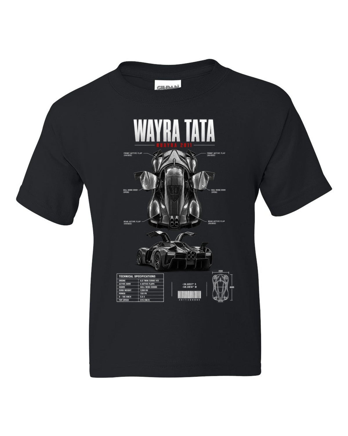 Spec poster print of a 2011 Pagani Huayra with four centre exhausts and gull-wing doors black kids tee front view with the design