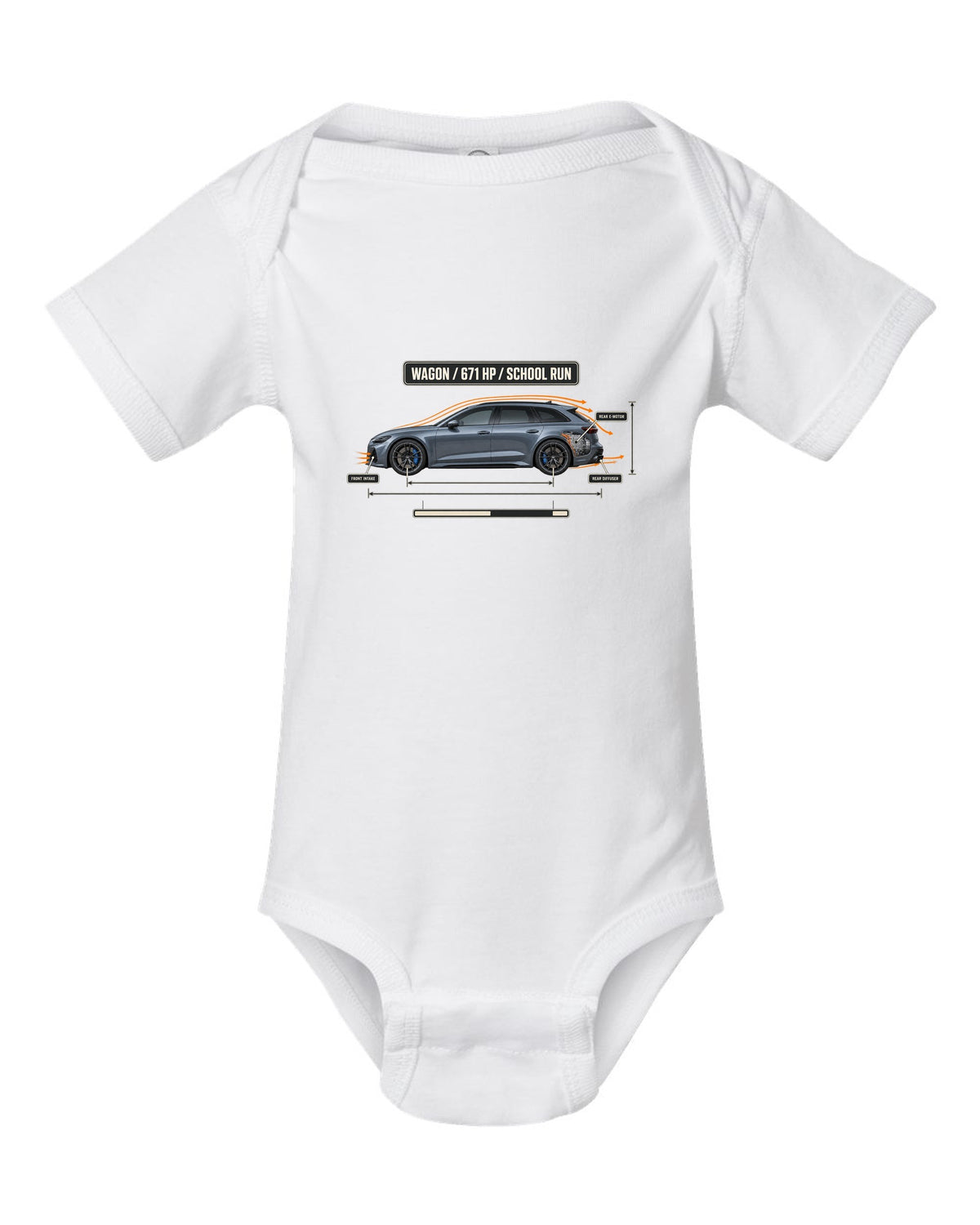 Mercedes-AMG C63 S E Performance S206 estate aero callout diagram white baby onesie front view with the design
