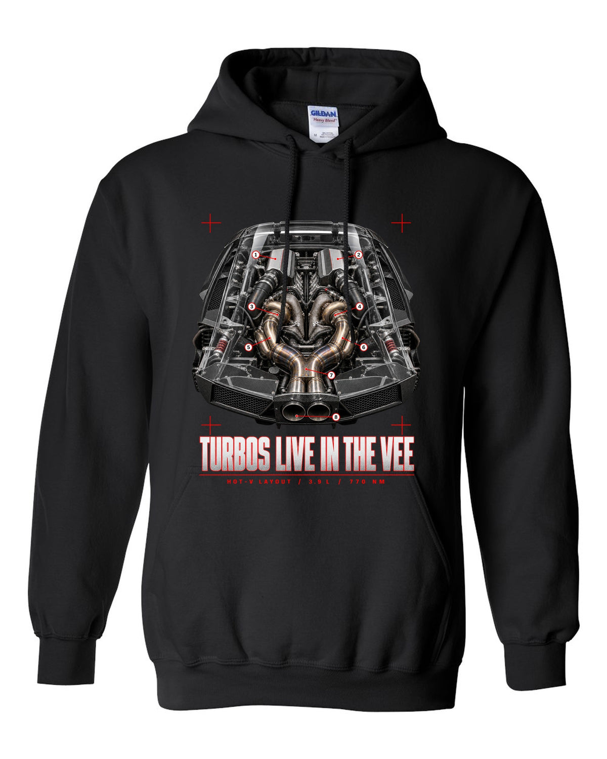 Engine cover callout print of a Ferrari F8 Tributo with hot-V layout, 3.9 L and 770 Nm black pull over hoodie front view with the design