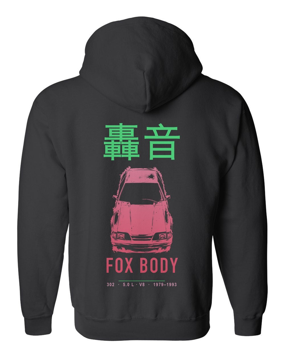FOX BODY full-back artwork black zip hoodie back view with the design