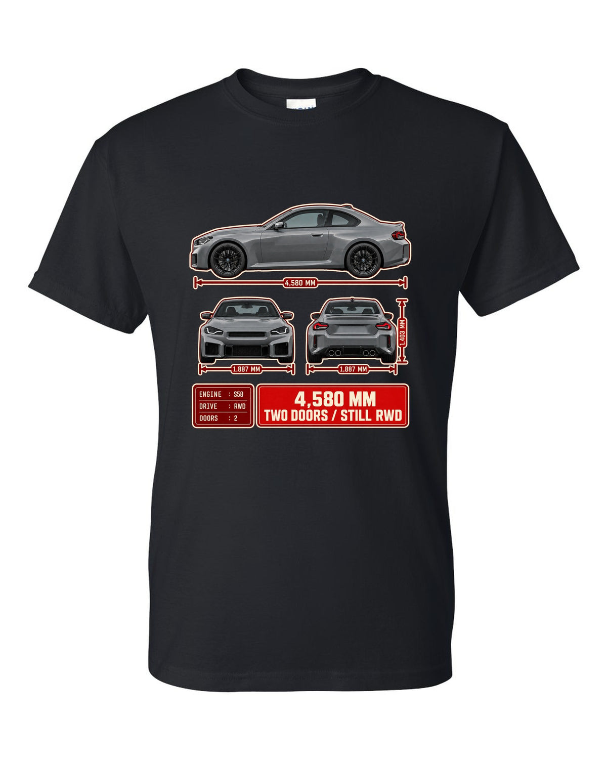 BMW M2 G87 three-view drawing with spec table noting 4,580 mm and rear-wheel drive black t-shirt front view with the design