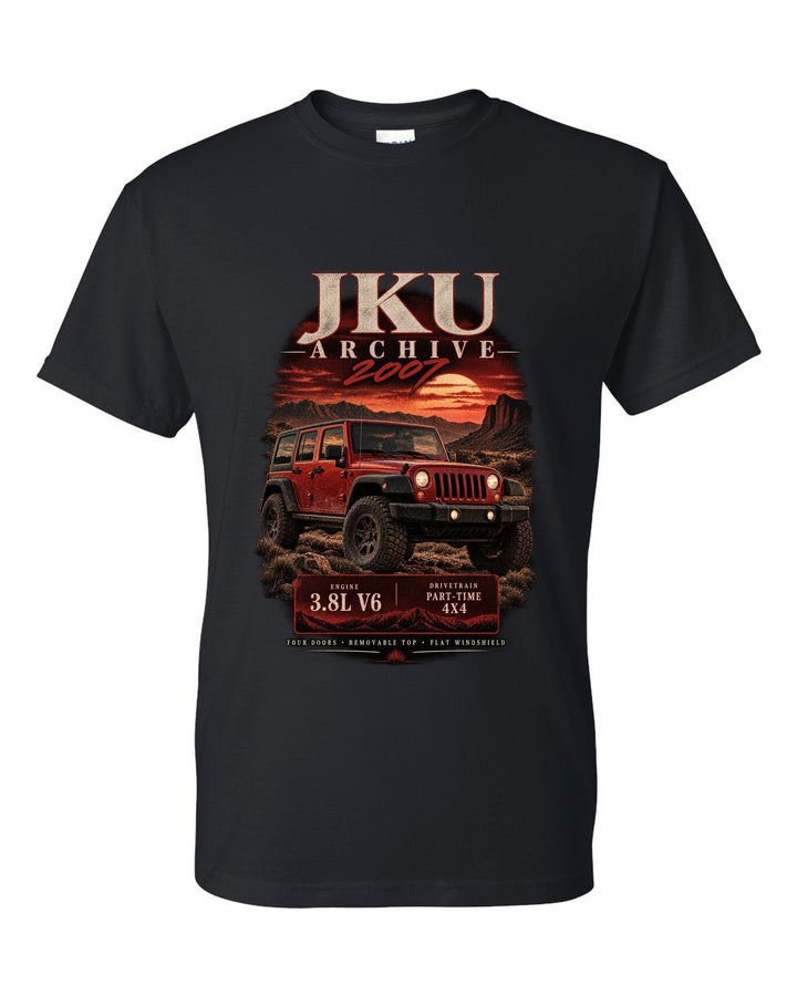 Archive panel print for the 2007 Jeep Wrangler JKU, 3.8L V6 four-door black t-shirt front view with the design