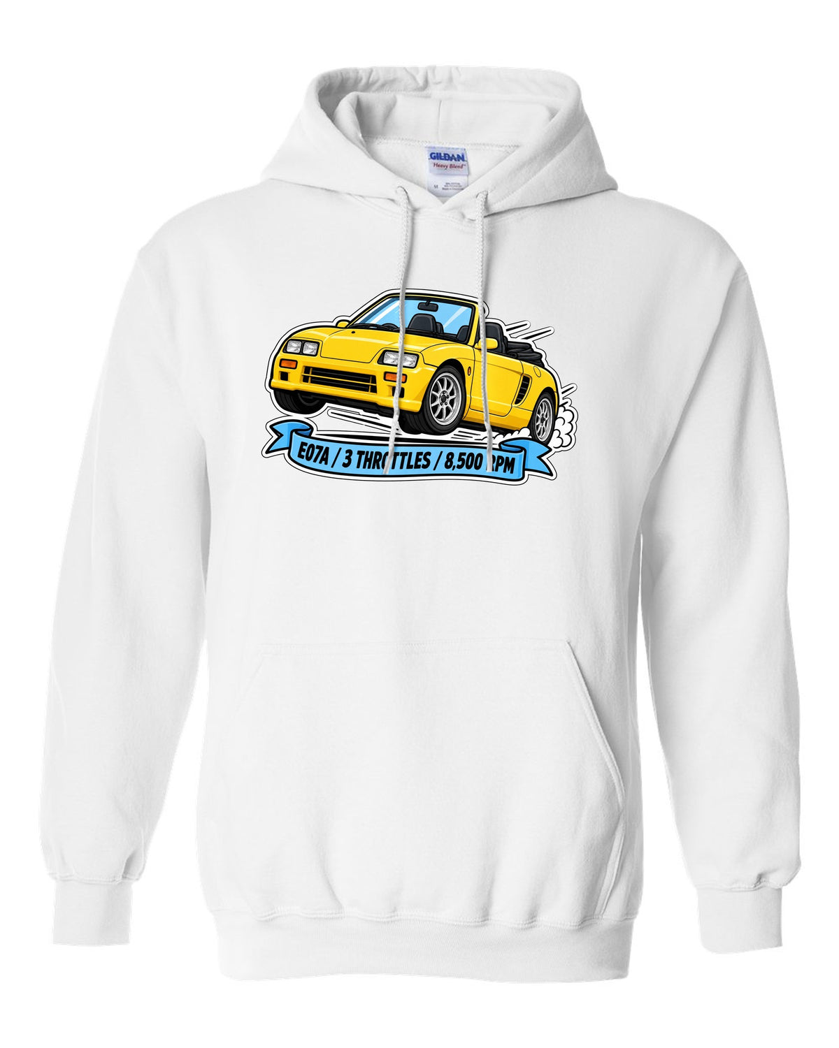 Sticker-style illustration of a Honda Beat PP1 with E07A engine and 8,500 rpm lettering white pull over hoodie front view with the design