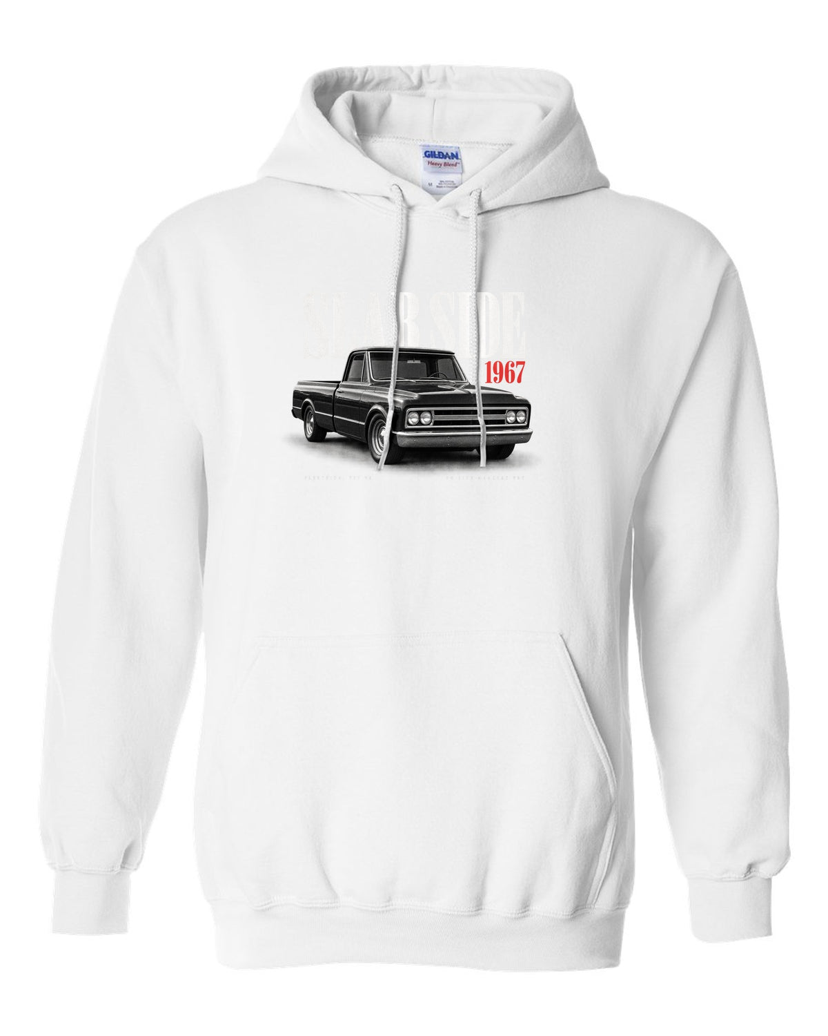 Editorial print of a 1967-72 Chevrolet C10 Action Line Fleetside with 283 V8 text white pull over hoodie front view with the design
