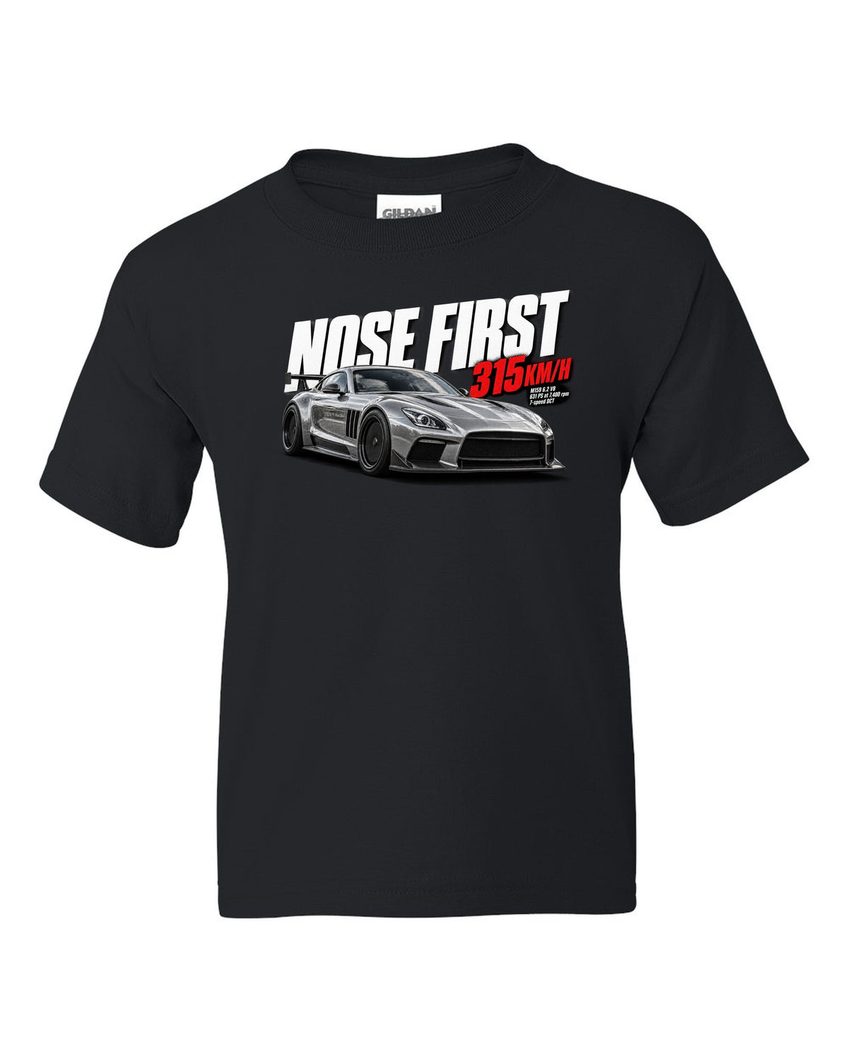 Halftone print of a Mercedes SLS AMG Black Series C197 with Nose First 315 km/h lettering black kids tee front view with the design