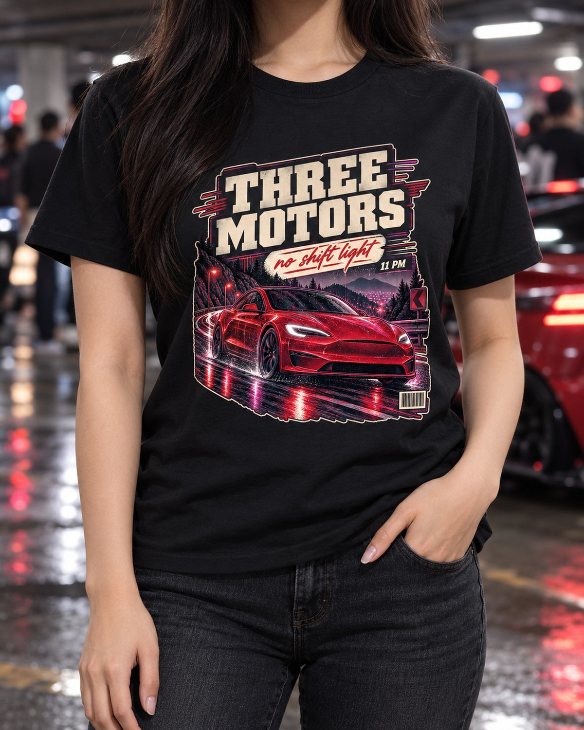 Tesla Model S Plaid Night Street Shirt, Three Motors, 11 PM T-Shirt Black worn hero