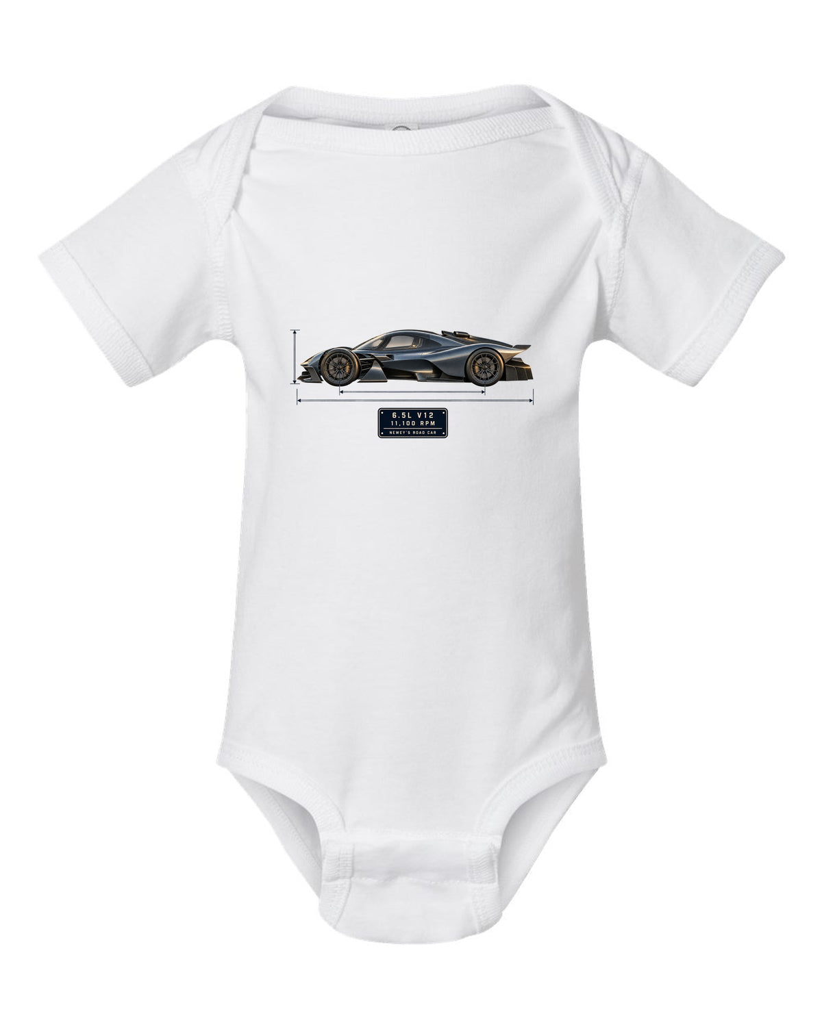 Aston Martin Valkyrie 2021 blueprint print with 6.5L V12 and 11,100 rpm lettering white baby onesie front view with the design