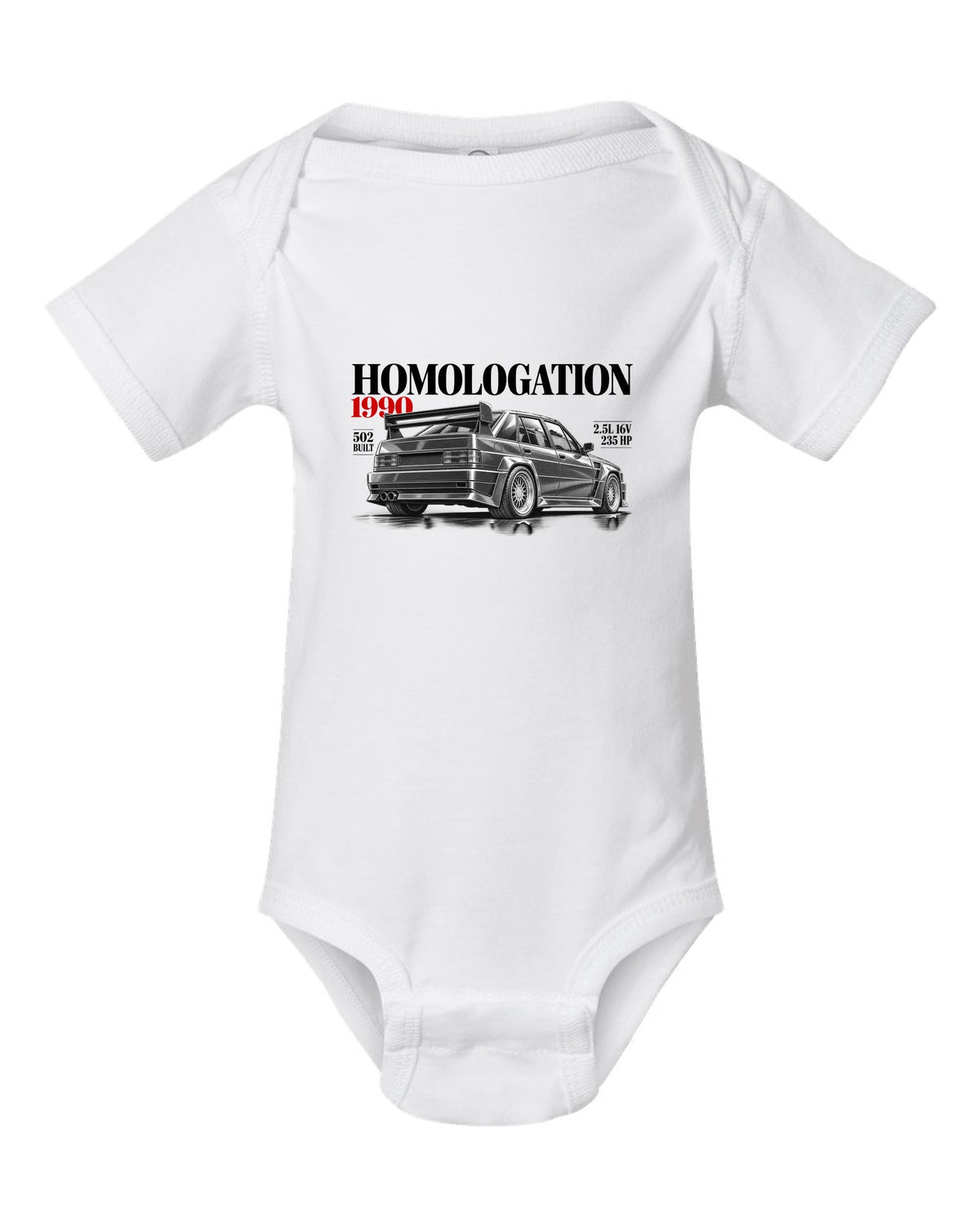 print editorial headline of a Mercedes 190E 2.5-16 Evolution II W201 with homologation 1990 502 built white baby onesie front view with the design