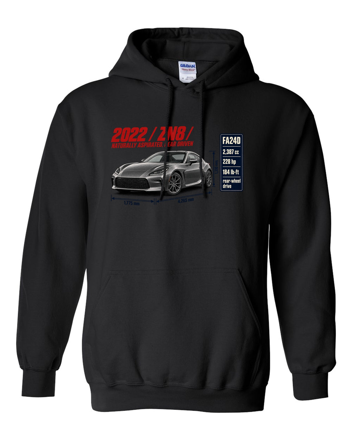 Spec poster layout for a 2022 Toyota GR86 ZN8, poster-style print black pull over hoodie front view with the design