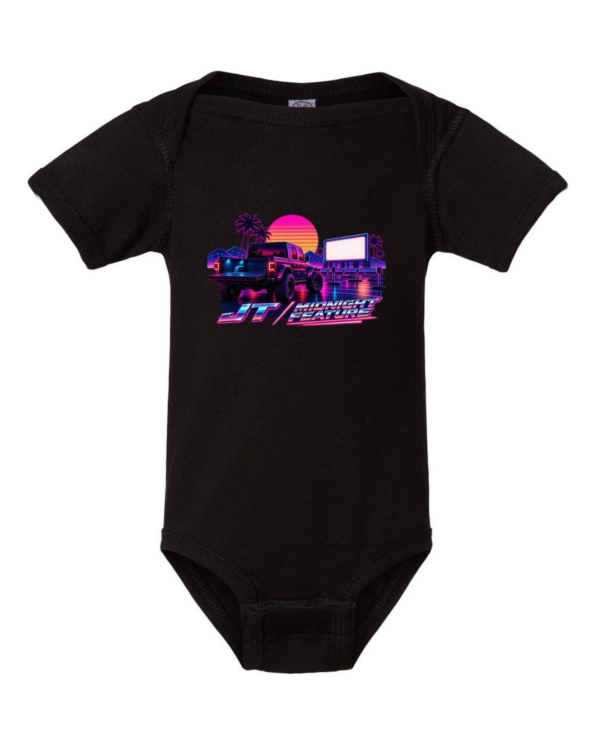 Jeep Gladiator JT synthwave outrun neon grid horizon with JT midnight feature text black baby onesie front view with the design