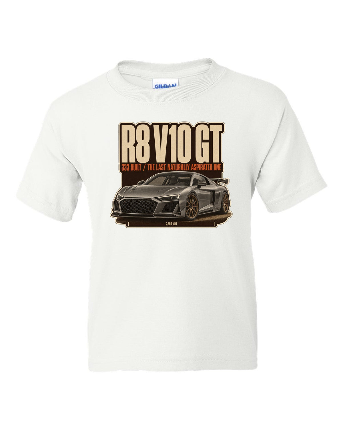 Audi R8 V10 GT RWD final edition editorial headline print design white kids tee front view with the design