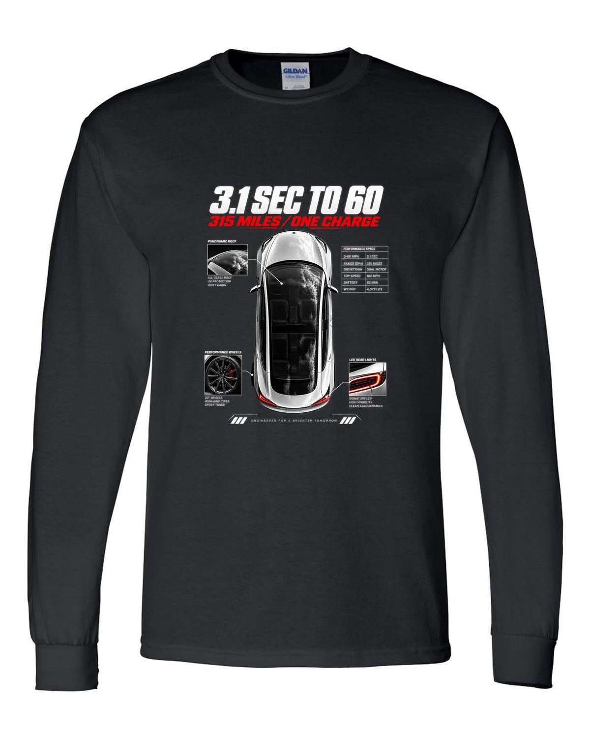 Top-down spec poster print of a Tesla Model 3 Performance with 0-60 and range figures black long sleeve front view with the design