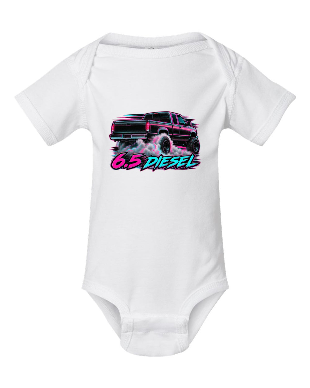 VHS glitch burnout print of a 1988-1998 Chevrolet GMT400 C2500 with 6.5 Diesel text white baby onesie front view with the design