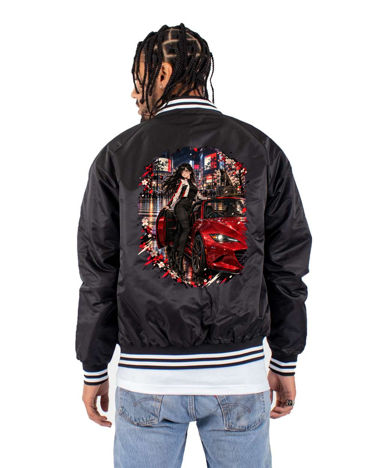 Mazda MX-5 ND Anime Girl Shirt, Hoodie & More Bomber Jacket Black back