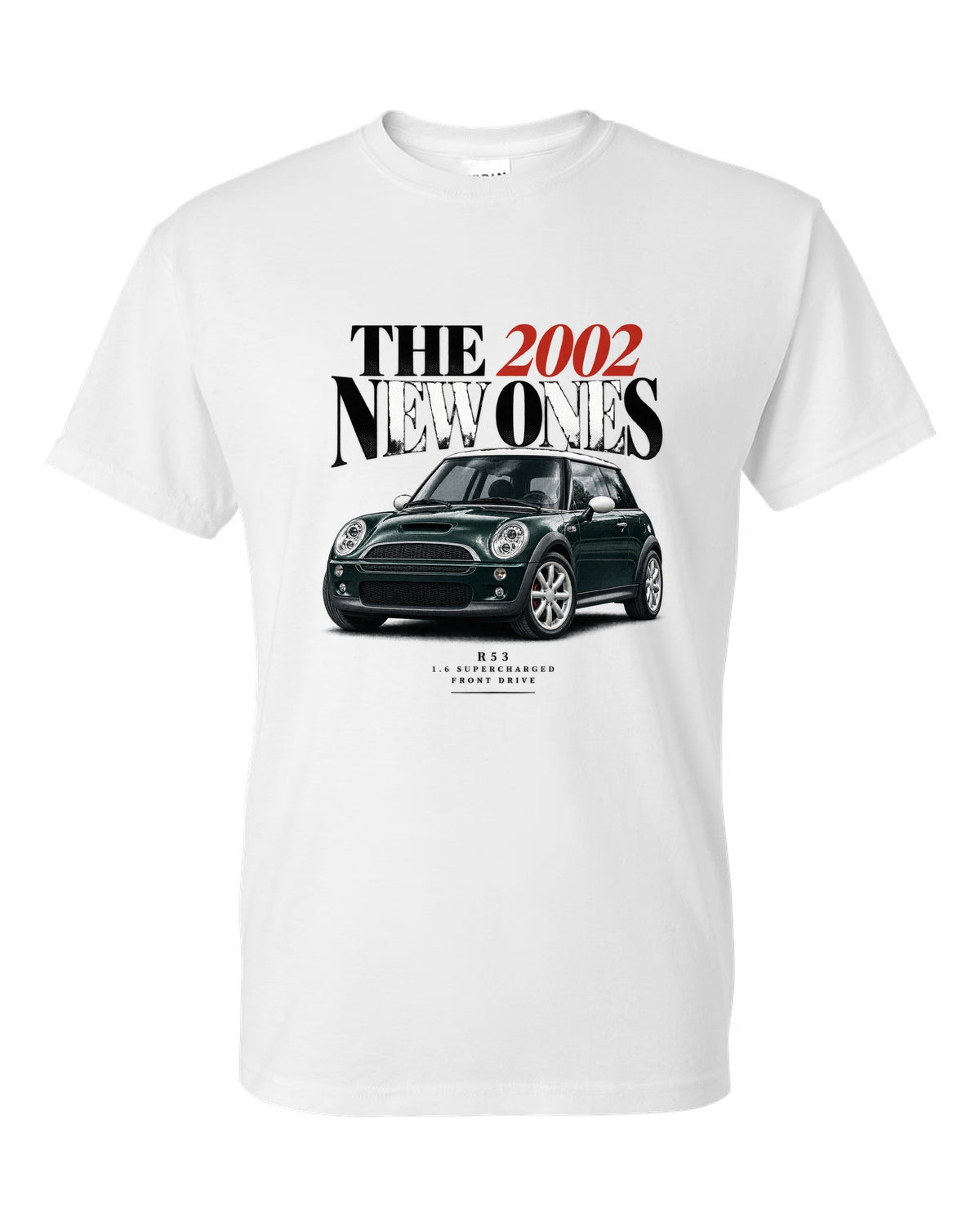 Mini Cooper S R53 dark green with white roof editorial headline print white t-shirt front view with the design