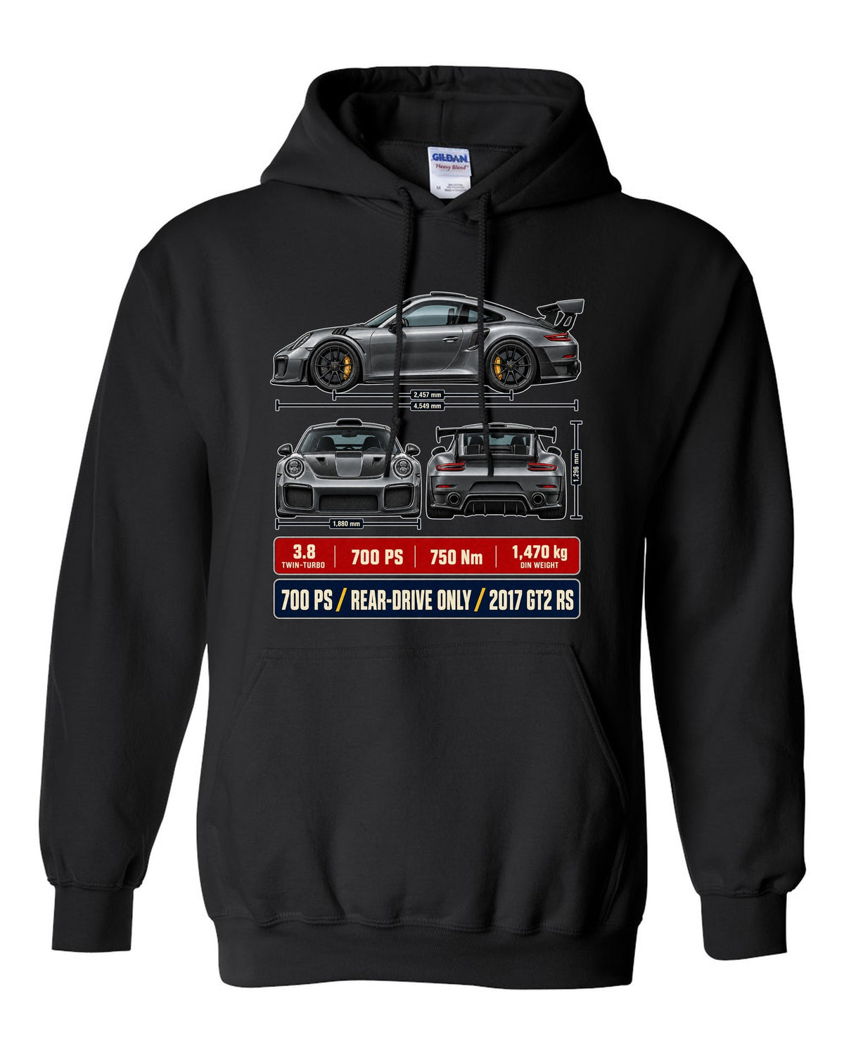 Porsche 911 GT2 RS 991.2 three-view dossier print design black pull over hoodie front view with the design