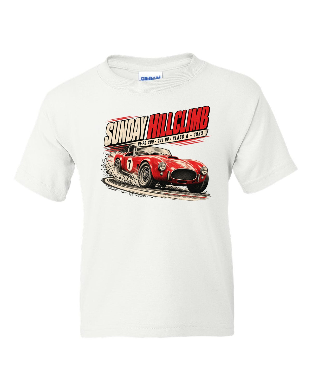 Race poster print of a 1963 289 roadster at a Sunday hillclimb white kids tee front view with the design