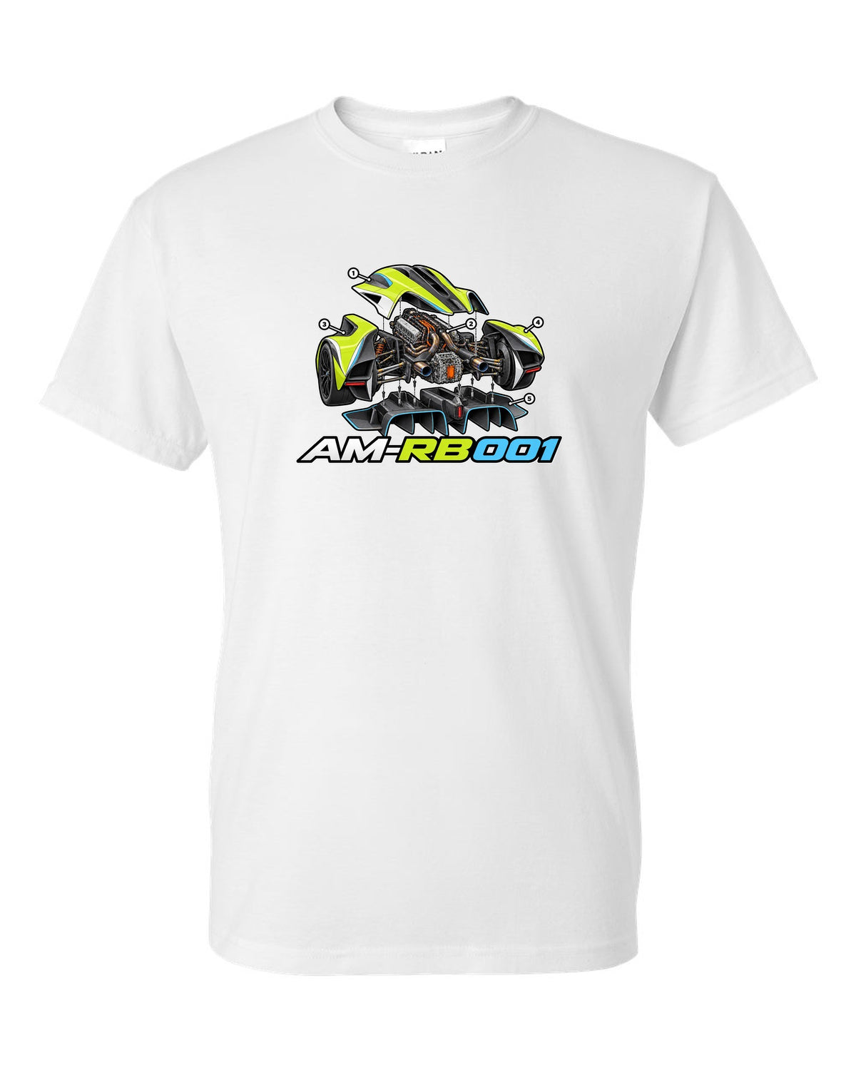 Aston Martin Valkyrie exploded isometric cutaway labelled AM-RB 001 white t-shirt front view with the design