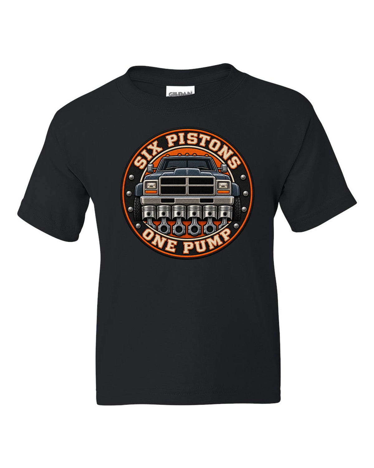 Round varsity crest print for a 1994-1998 Dodge Ram 2500 12V Cummins black kids tee front view with the design