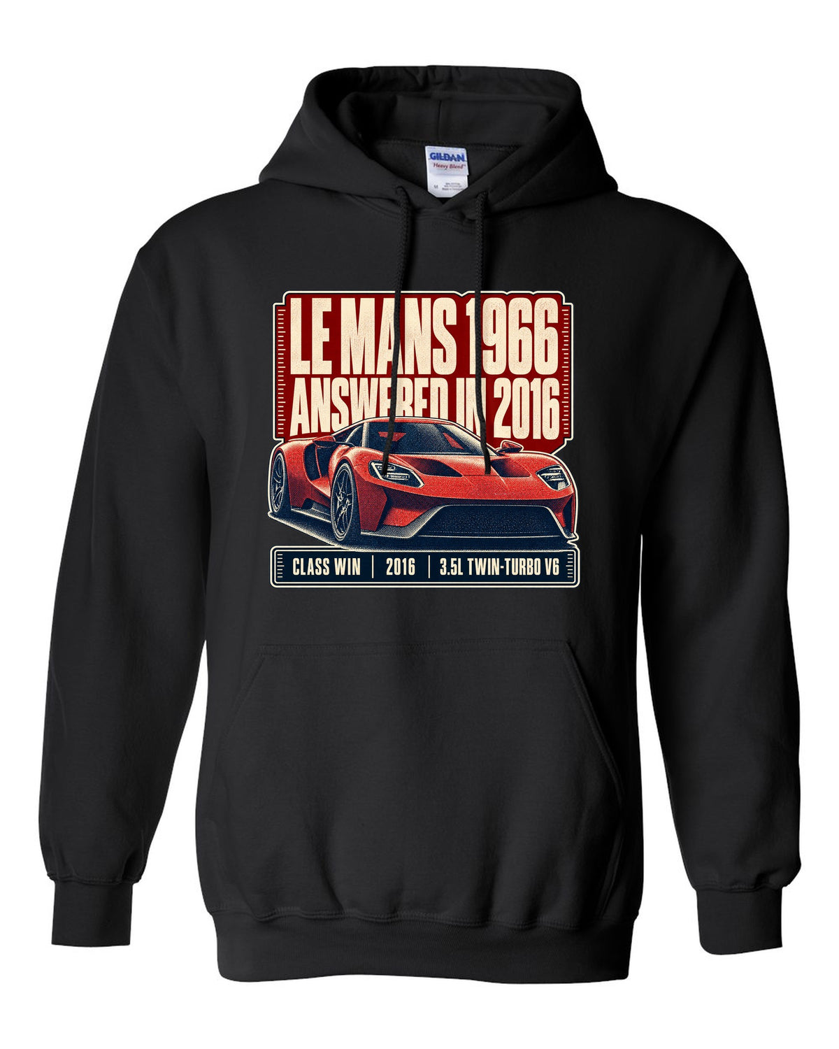 Halftone print of a Ford GT low front three-quarter with Le Mans 1966 and 2016 text black pull over hoodie front view with the design