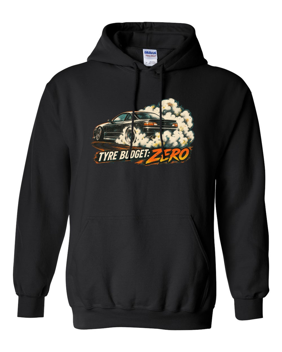 Distressed screenprint print of a 1999 Nissan Silvia S15 with Tyre Budget Zero lettering black pull over hoodie front view with the design