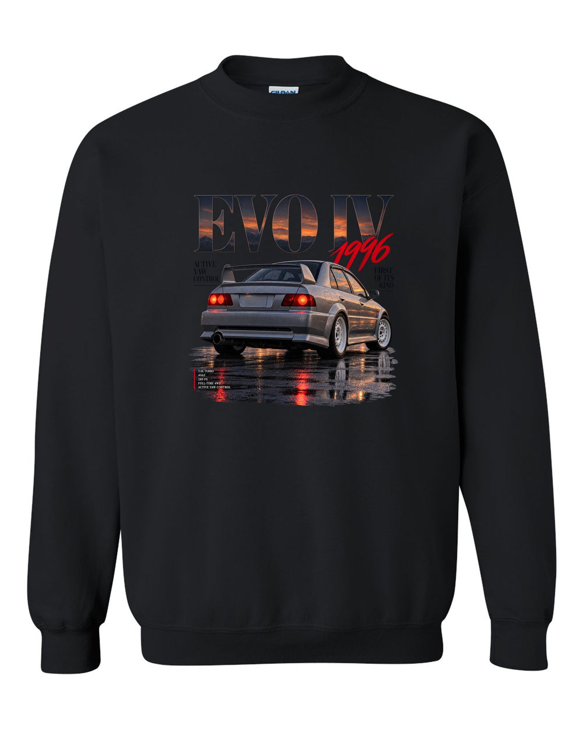 Editorial headline print for the Mitsubishi Lancer Evolution IV CN9A reading Active Yaw Control, first of its kind, 1996 black crewneck front view with the design