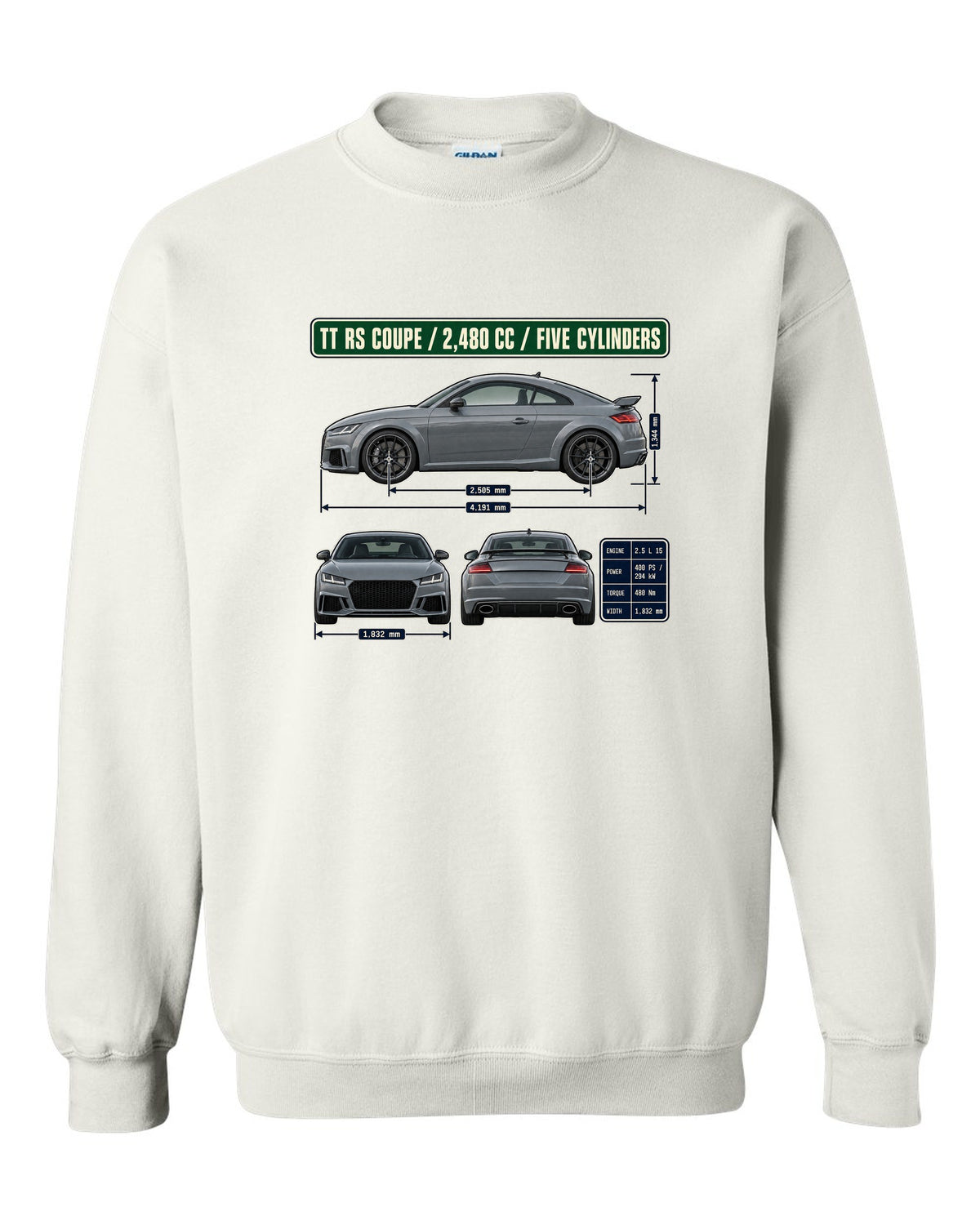 Audi TT RS 8S coupe dimension blueprint print with five-cylinder engine size white crewneck front view with the design