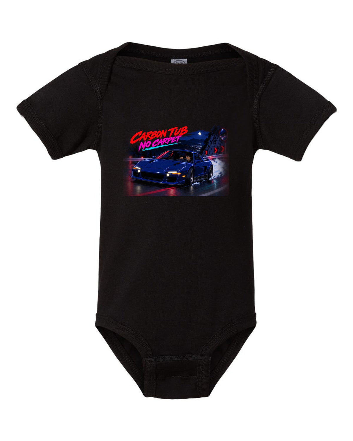 Cel-shaded anime night touge scene with an Alfa Romeo 4C and carbon tub no carpet text black baby onesie front view with the design