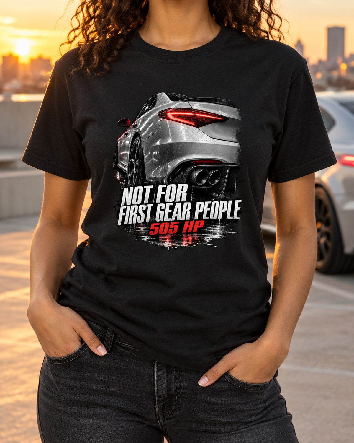 Giulia Quadrifoglio Taillight Macro Tee, Not For First Gear People T-Shirt Black worn hero