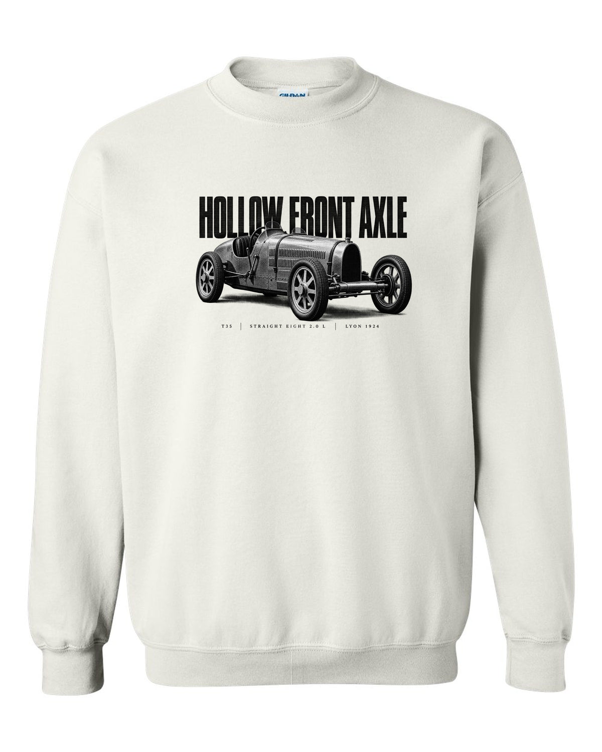 Bugatti Type 35 1924 hollow axle halftone print white crewneck front view with the design