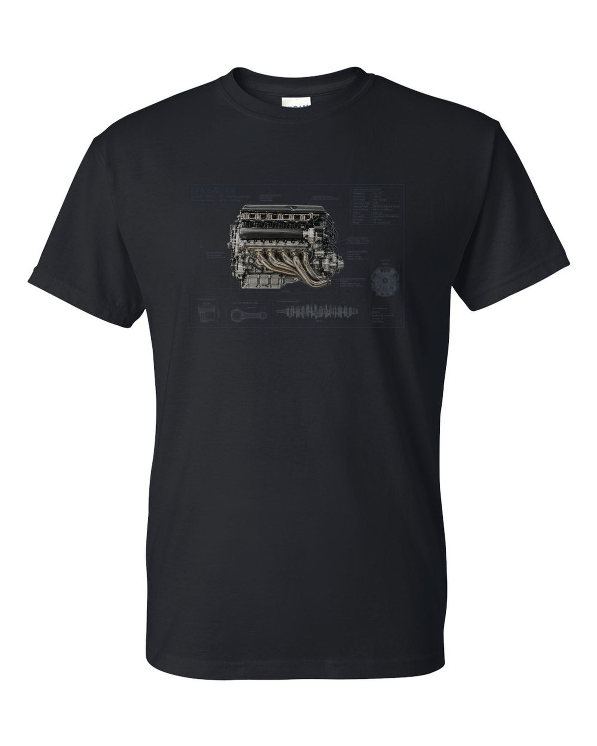 Aero cutaway callouts on the Lexus LFA Nurburgring Package black t-shirt front view with the design