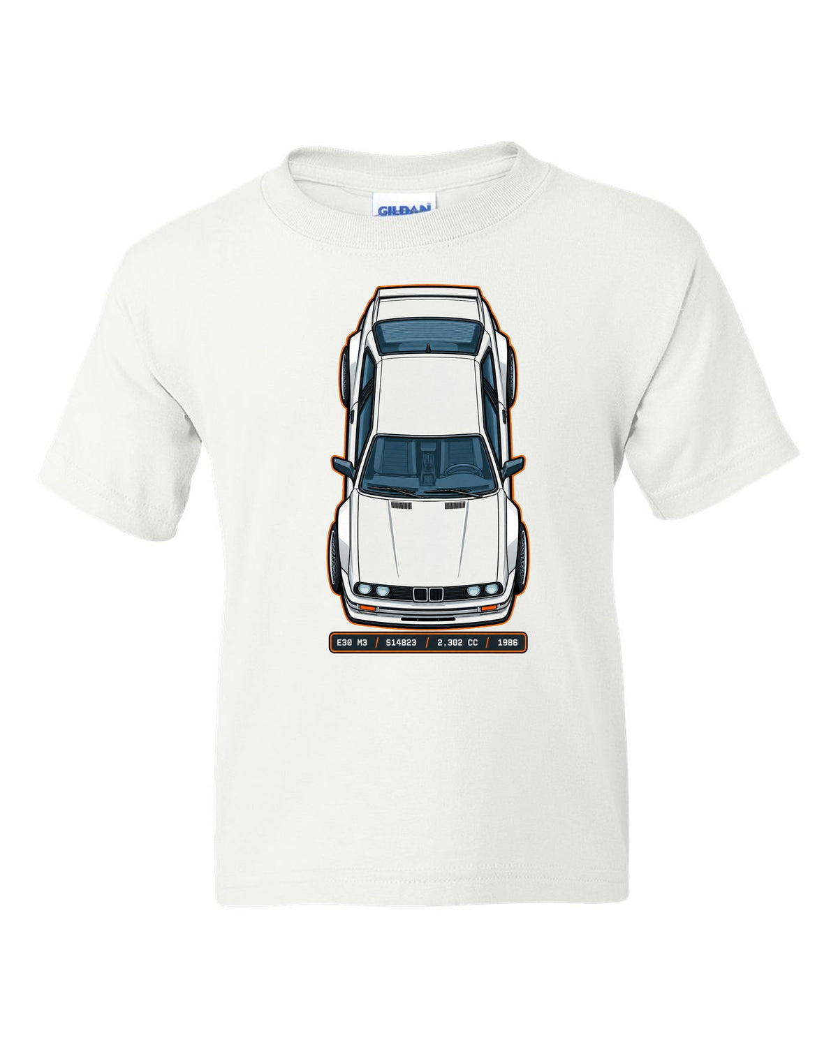 Top view spec sheet print of a BMW E30 M3 with S14B23 2,302 cc 1986 data plate text white kids tee front view with the design