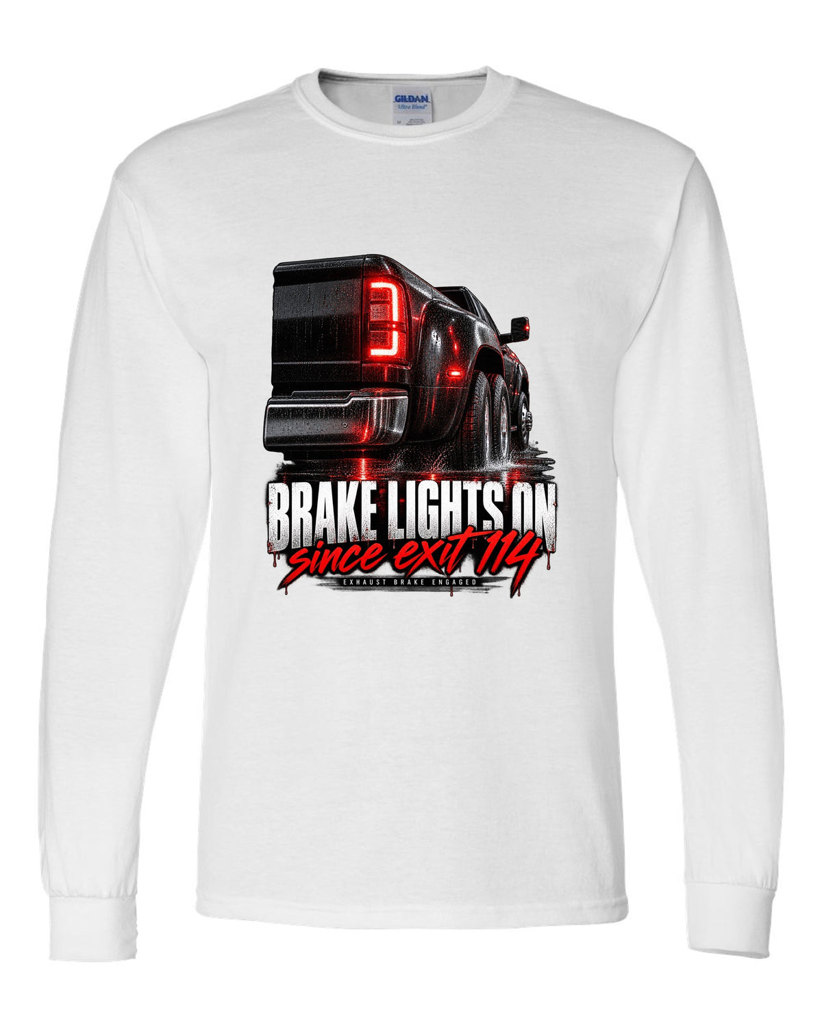 Taillight macro print of a 2019-2024 Ram HD 3500 dually with brake lights lit white long sleeve front view with the design
