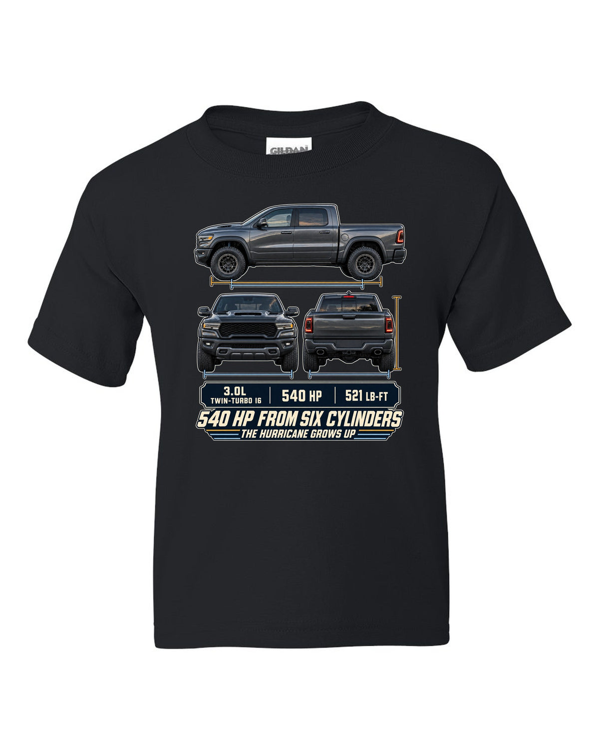 Ram 1500 RHO 2025 three-view drawing with spec table print black kids tee front view with the design