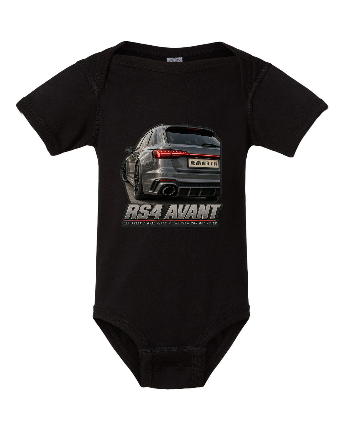 Audi RS4 Avant B9 rear taillight macro with LED sweep and oval pipes print black baby onesie front view with the design
