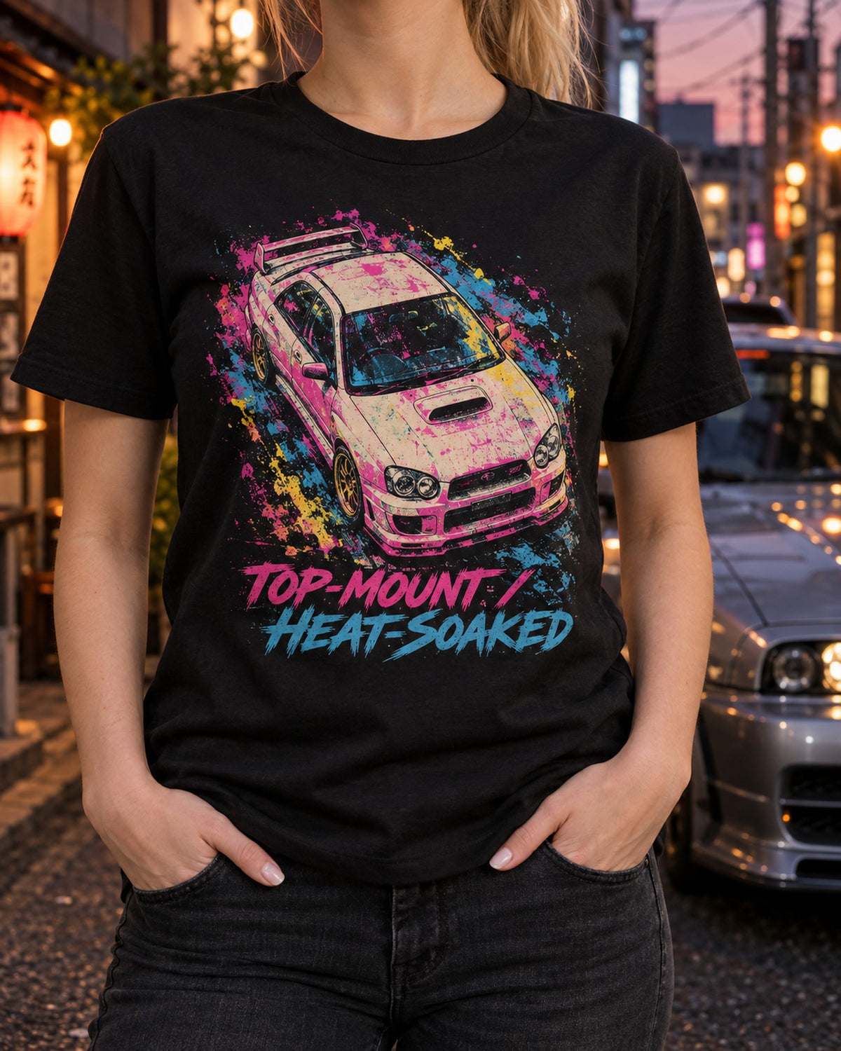 Subaru Impreza WRX GDB Blobeye Top View Riso Shirt T-Shirt Black worn hero