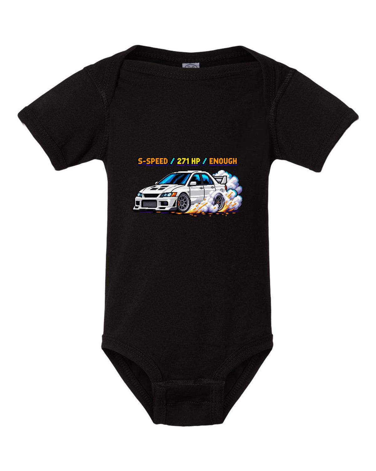 8-bit pixel art Mitsubishi Lancer Evolution VIII CT9A with launch control stats black baby onesie front view with the design