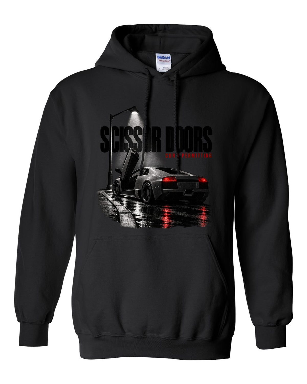 Garage night print of a Lamborghini Murcielago LP640 with scissor doors raised black pull over hoodie front view with the design