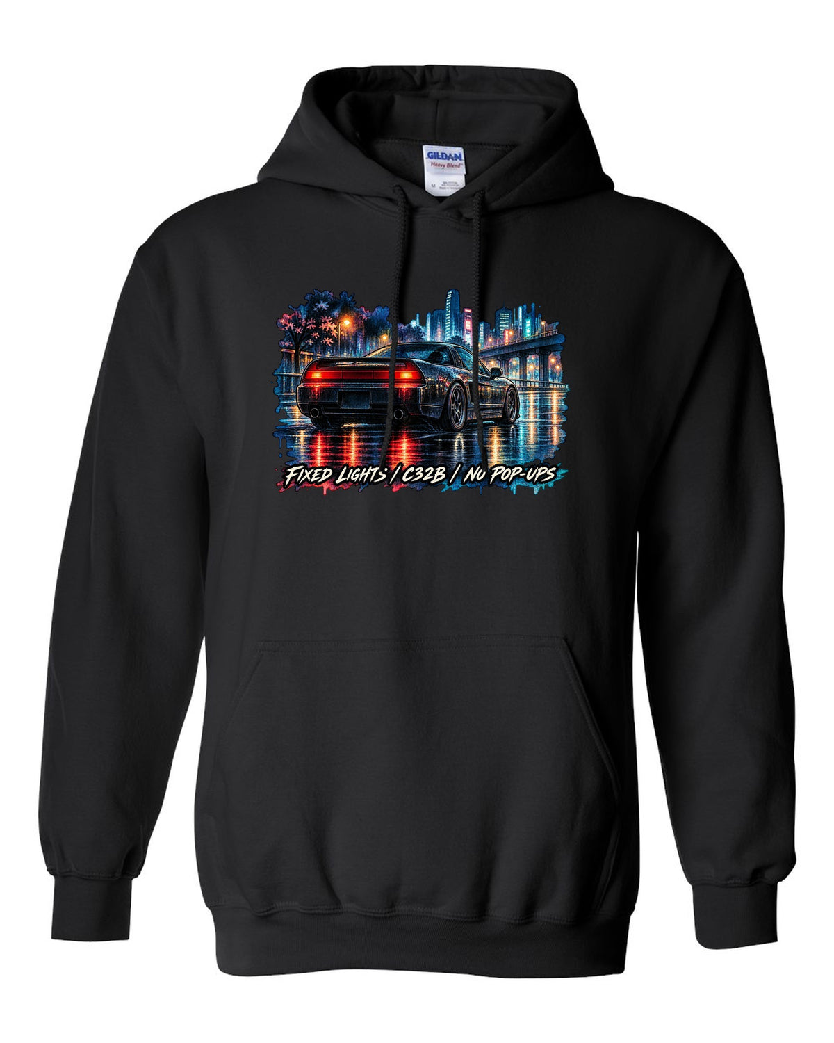 Watercolour wet-road night print of a Honda NSX NA2 with fixed lights C32B no pop-ups text black pull over hoodie front view with the design